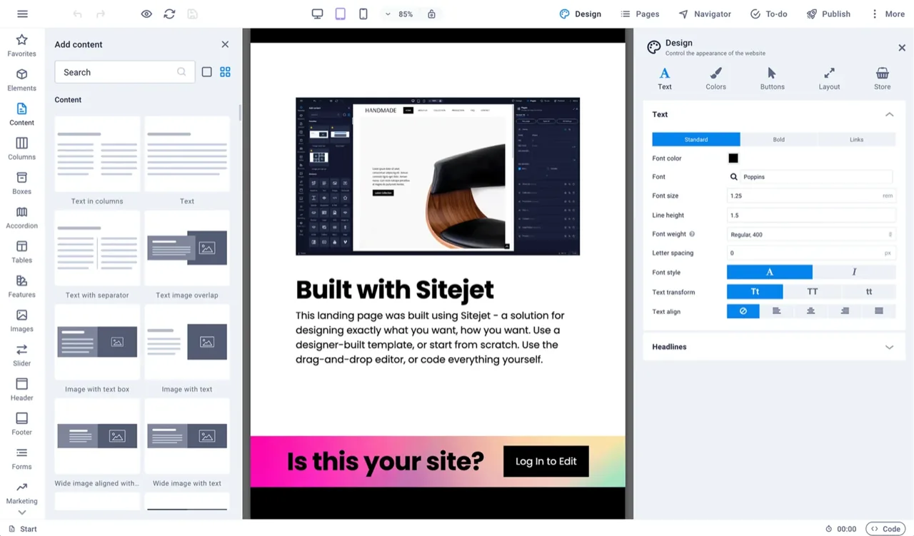 The Sitejet editor: elements panel on the left, the page in the middle, design options on the right